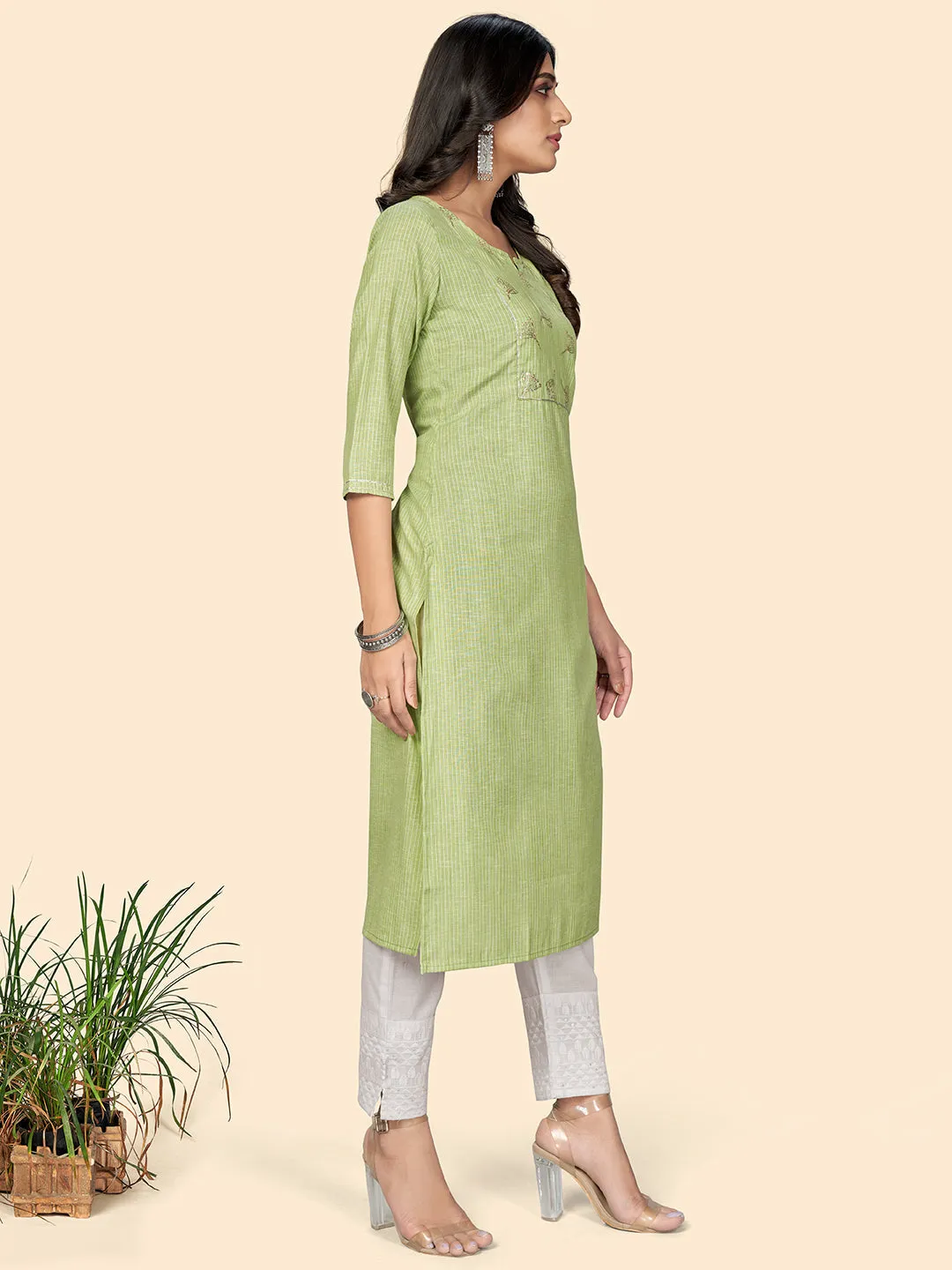 Women'S Printed & Embroidered Straight Cotton Pista Stitched Kurta