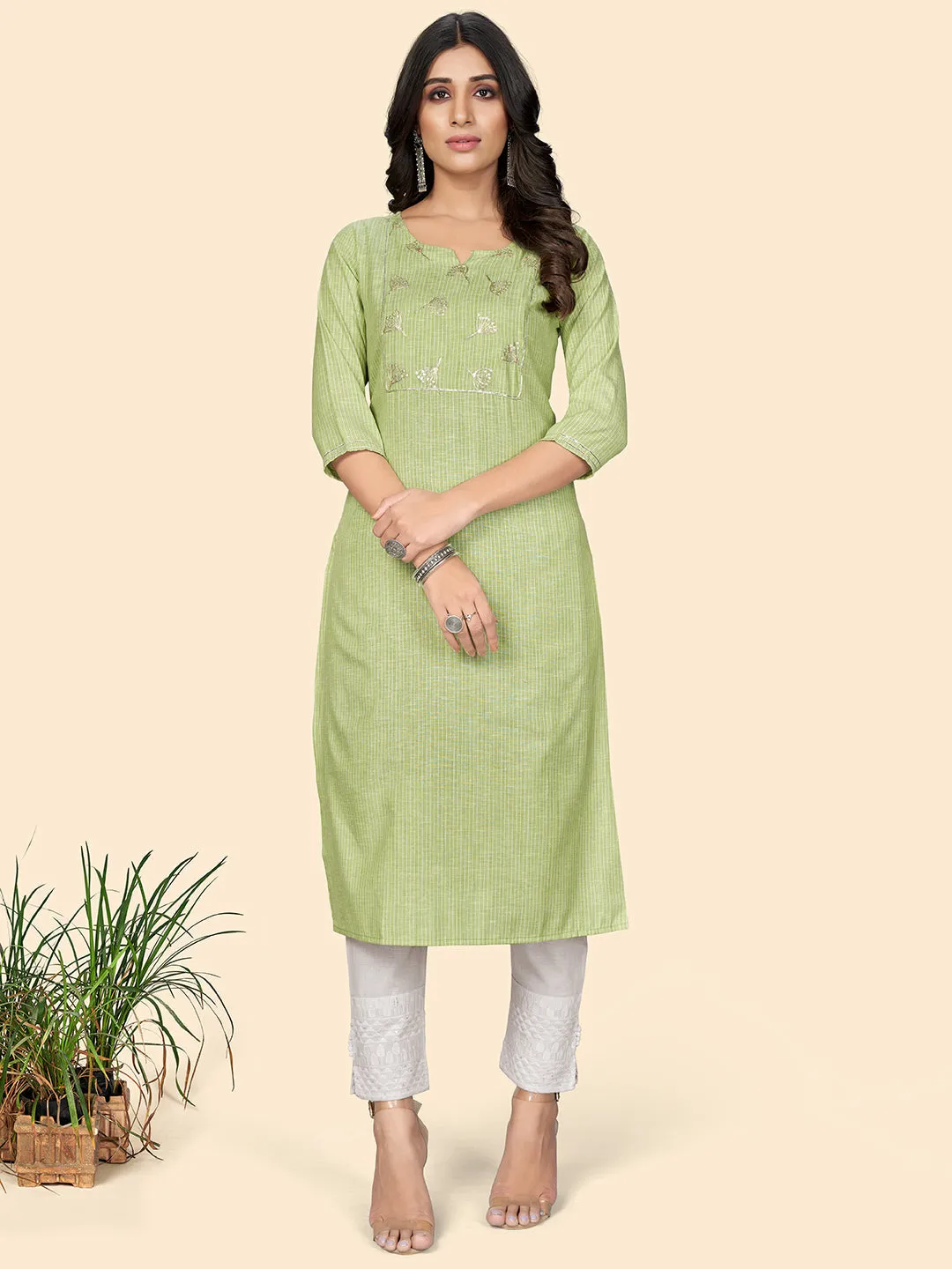 Women'S Printed & Embroidered Straight Cotton Pista Stitched Kurta