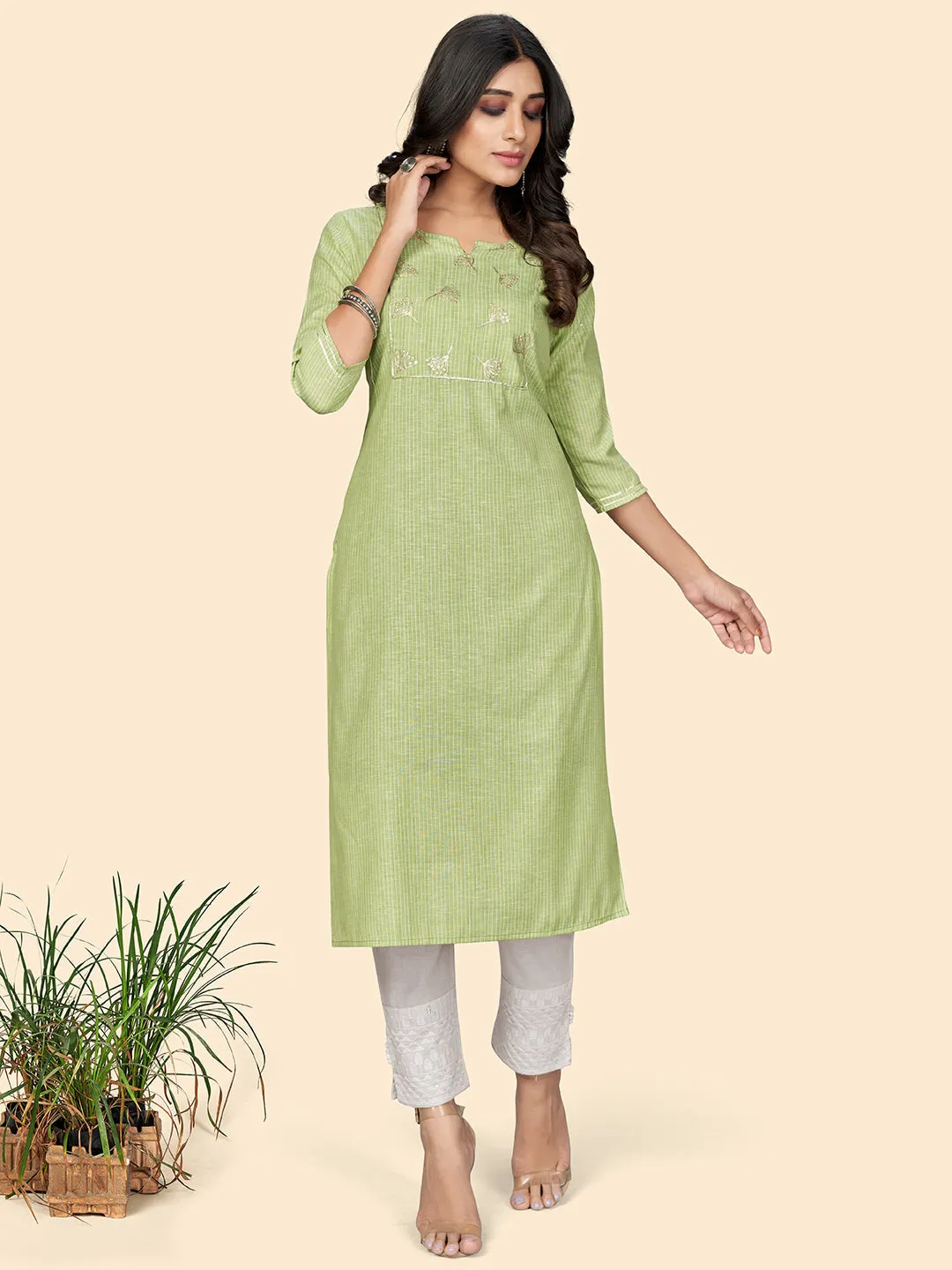 Women'S Printed & Embroidered Straight Cotton Pista Stitched Kurta