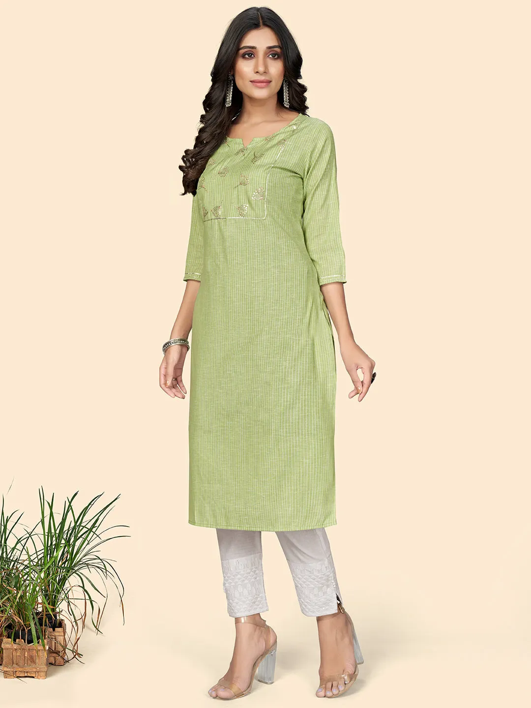 Women'S Printed & Embroidered Straight Cotton Pista Stitched Kurta