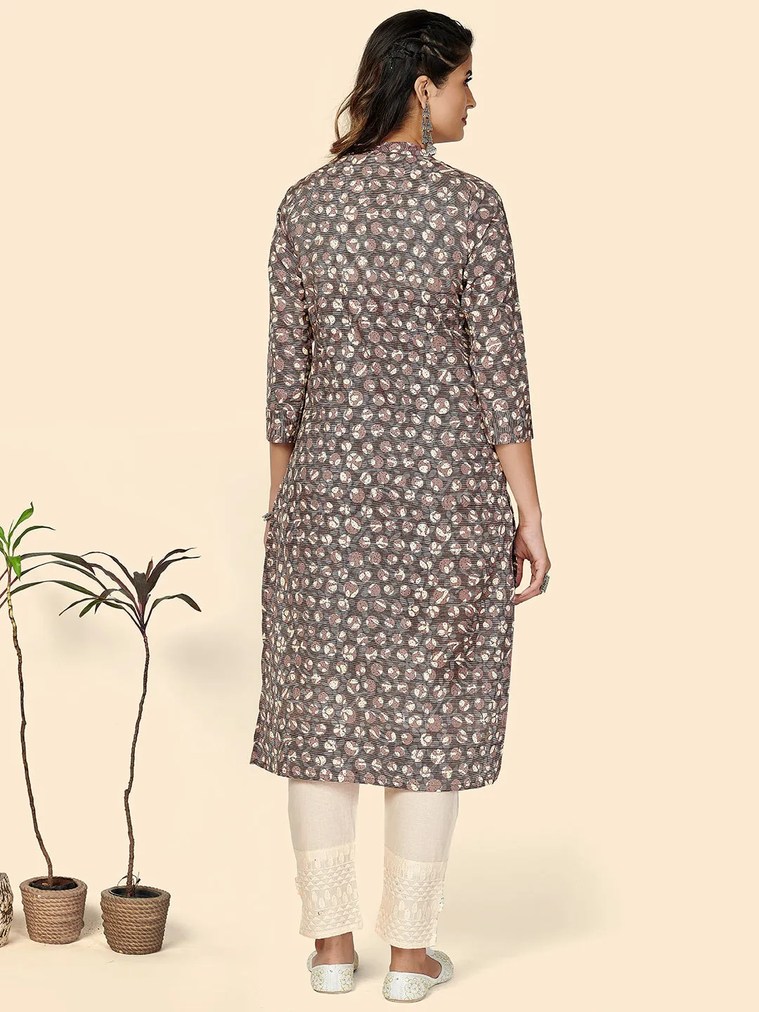 Women'S Printed Straight Cotton Purple Stitched Kurta