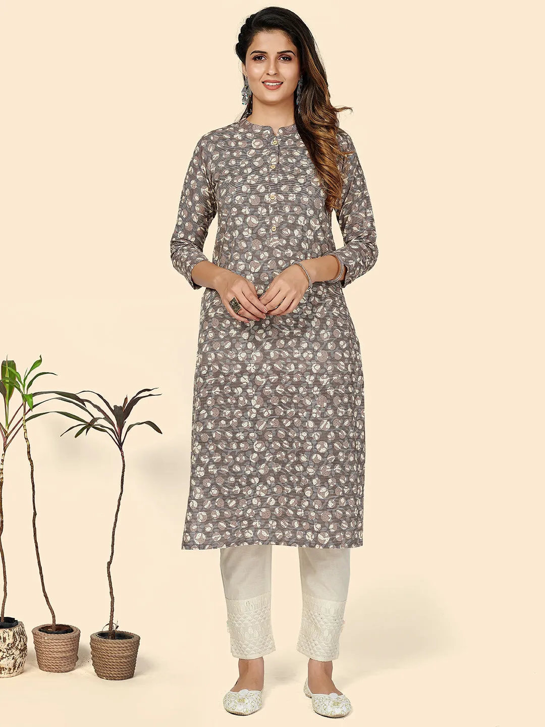 Women'S Printed Straight Cotton Purple Stitched Kurta