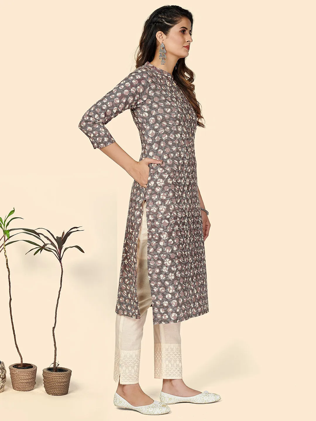 Women'S Printed Straight Cotton Purple Stitched Kurta