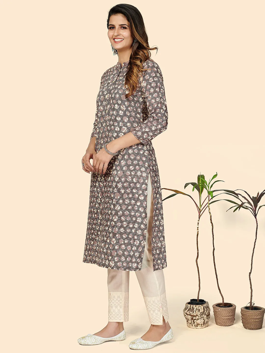 Women'S Printed Straight Cotton Purple Stitched Kurta