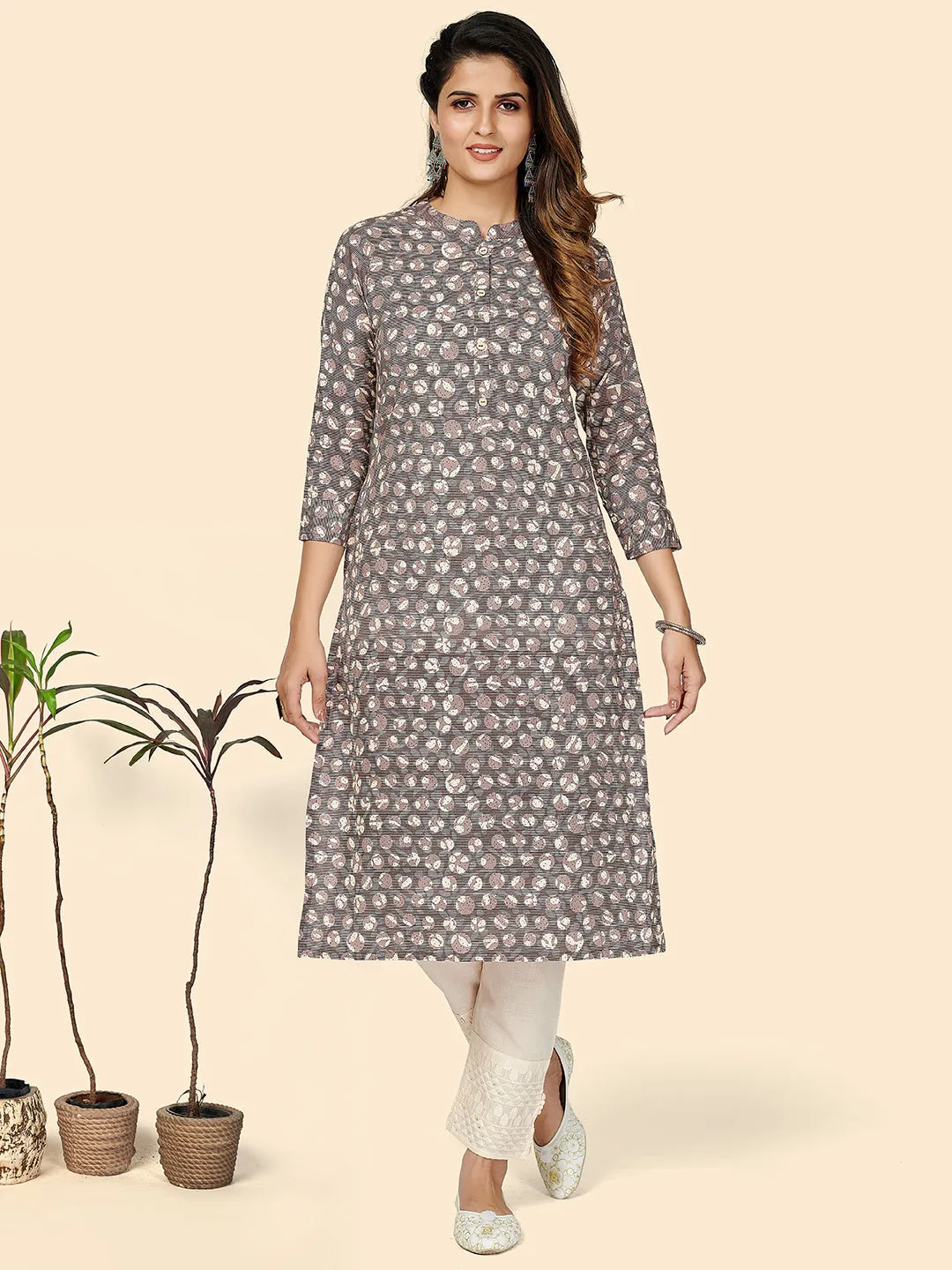 Women'S Printed Straight Cotton Purple Stitched Kurta