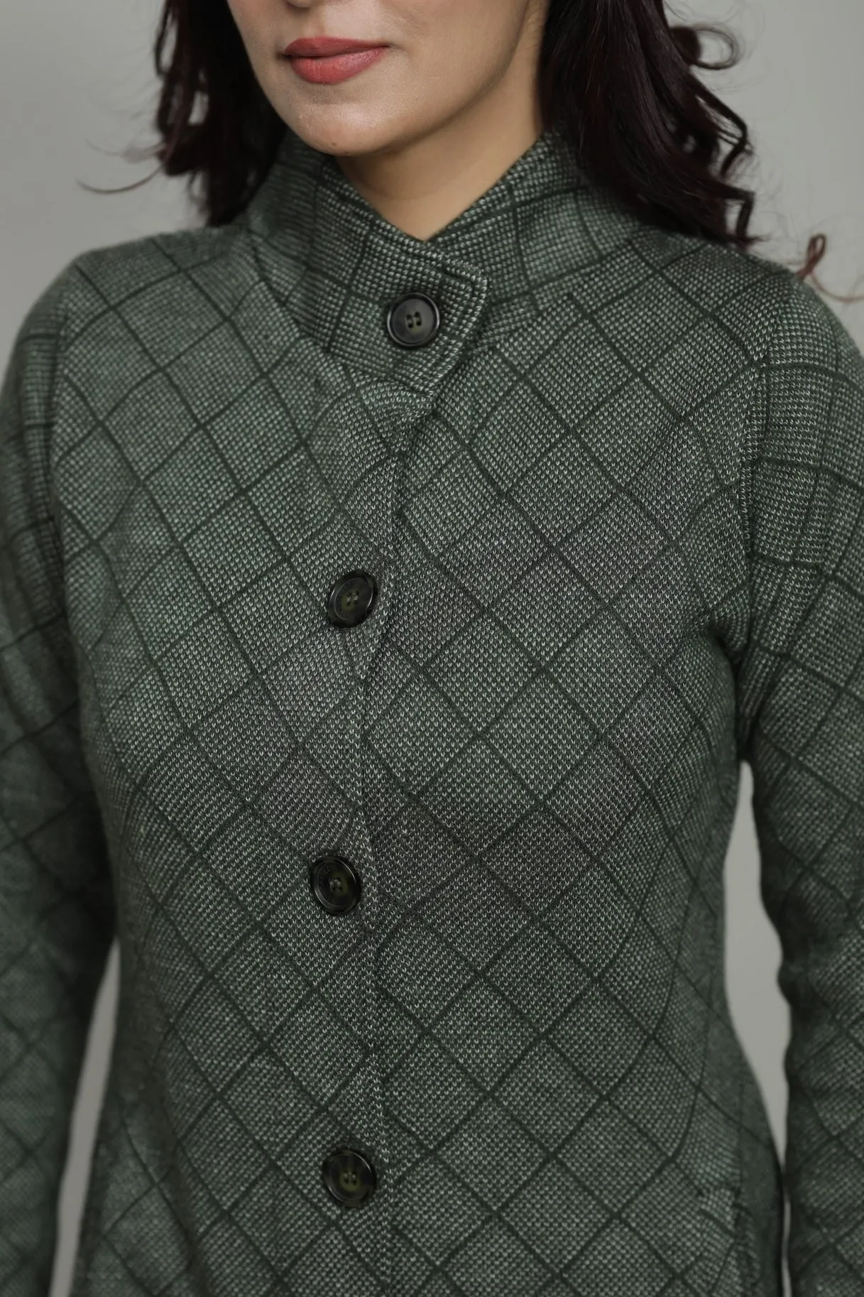 Woolen Check Winter Long Coat With Front Buttons